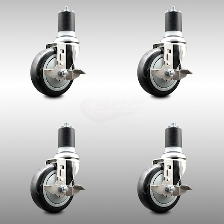 Service Caster 4 Inch 316SS Black Poly Swivel 1-7/8 Inch Expanding Stem Caster Set Brake SCC SCC-SS316EX20S414-PPUB-BLK-TLB-178-4